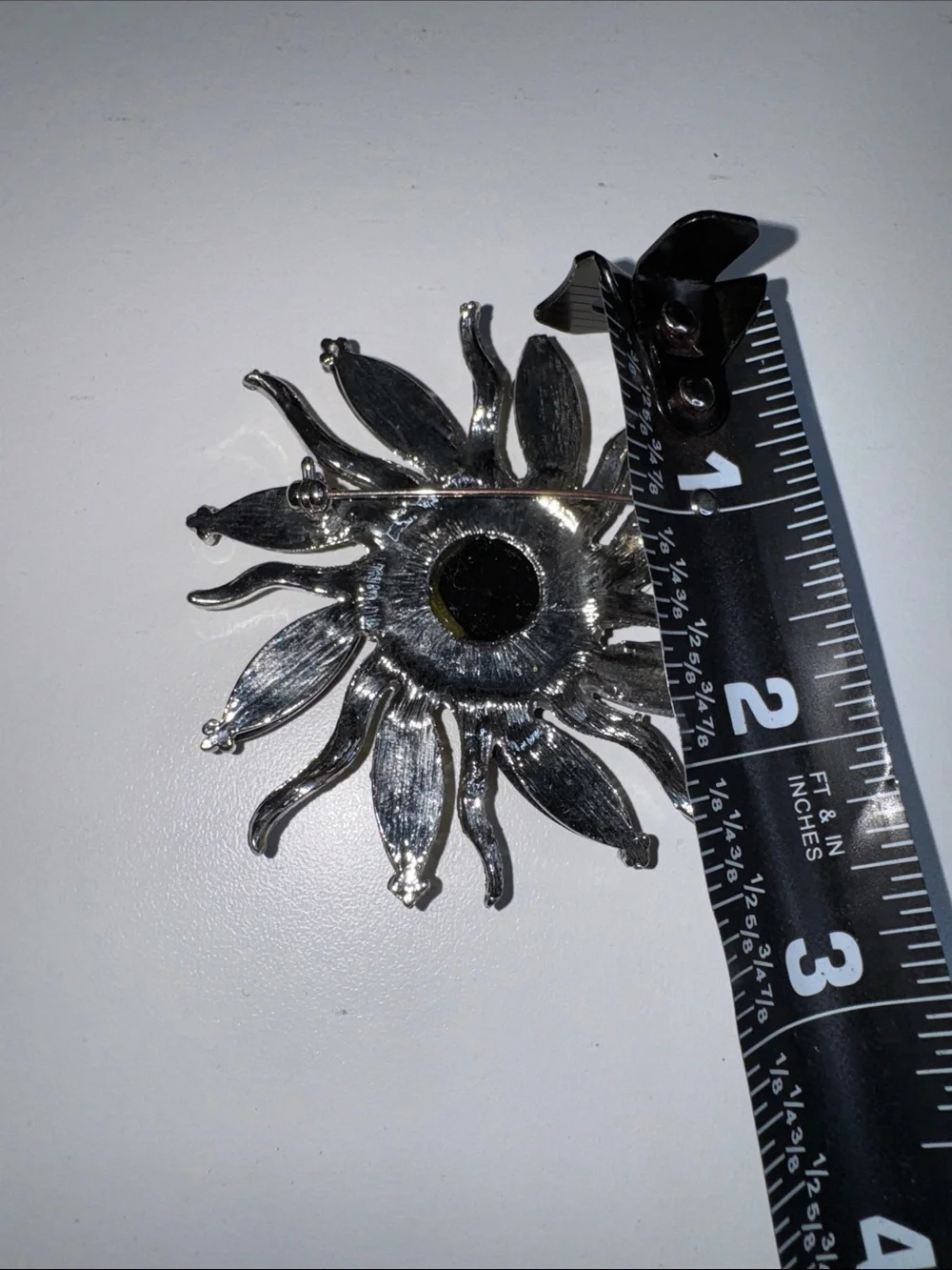 Vintage Style Black Yellow Crystal Sunburst Brooch Silver Tone Statement Pin